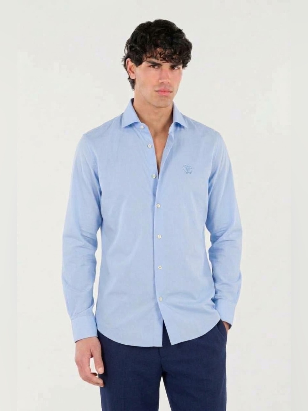 ROBERTO CAVALL Men's Cotton Slim Fit Shirt with Embroidery, Blue, XL [17.5]